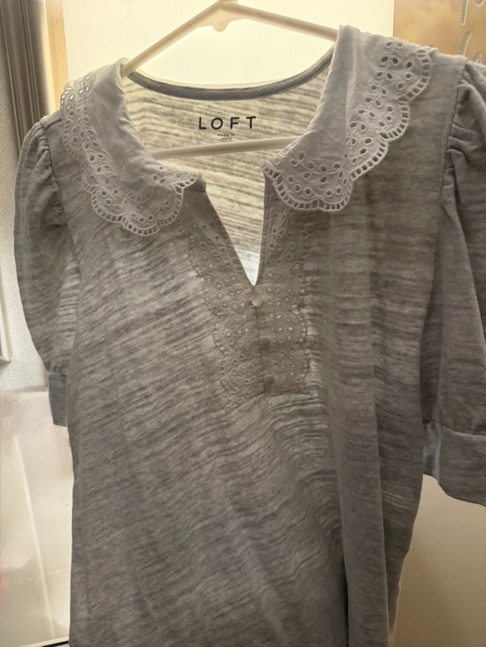 LOFT Gray Eyelet Collar Tunic Top